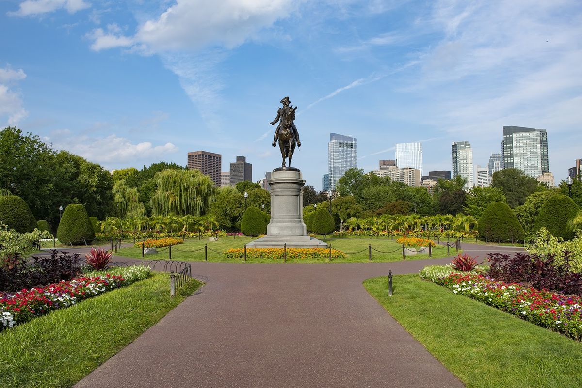 Boston skyline with Charles River and Back Bay brownstones