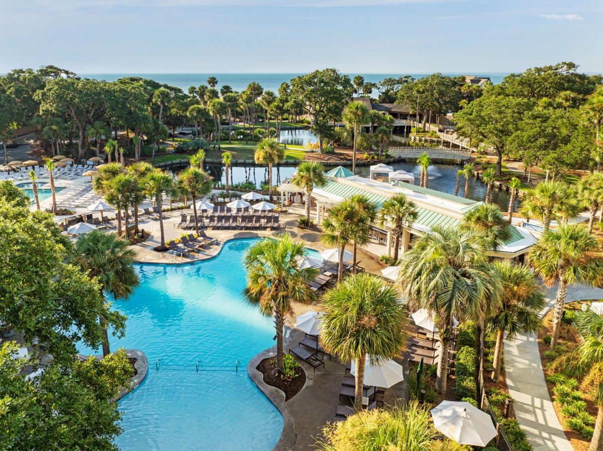 Sonesta Resort Hilton Head Island — oceanfront four-star resort at Shipyard Plantation, Atlantic shoreline at golden hour