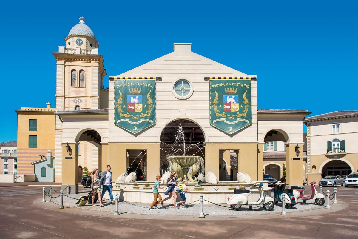 Loews Portofino Bay Hotel — Italian Riviera-themed resort at Universal Orlando, harbour village at dusk