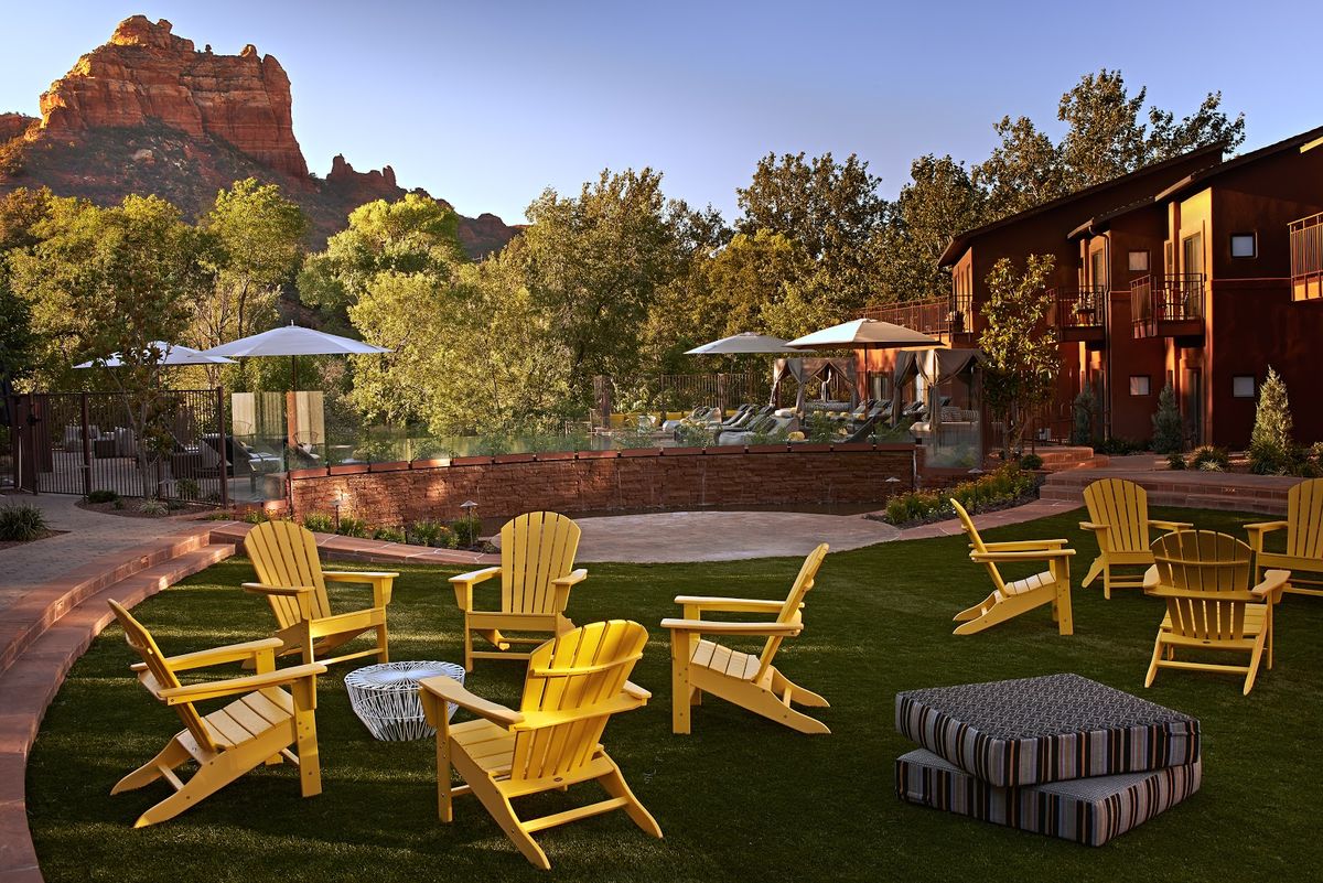 Amara Resort and Spa — Kimpton boutique hotel in Uptown Sedona, infinity pool with red rock views at dusk